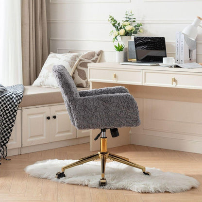 Office Chair,Artificial rabbit hair Home Office Chair with Golden Metal Base,Adjustable Desk Chair Swivel Office Chair,Vanity Chair(Gray)