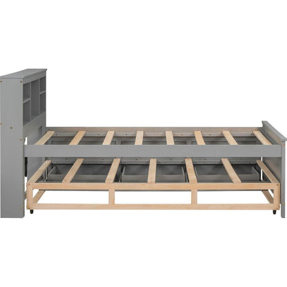Twin Size Platform Bed with Storage Headboard, USB, Twin Size Trundle and 3 Drawers, Gray