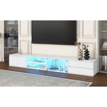 Modern APP Controlled LED TV Stand for TVs Up to 105", Faux Marble Tabletop Media Console with Tempered Glass Doors, Entertainment Center with 2 Drawers & Cabinets for Living Room, White