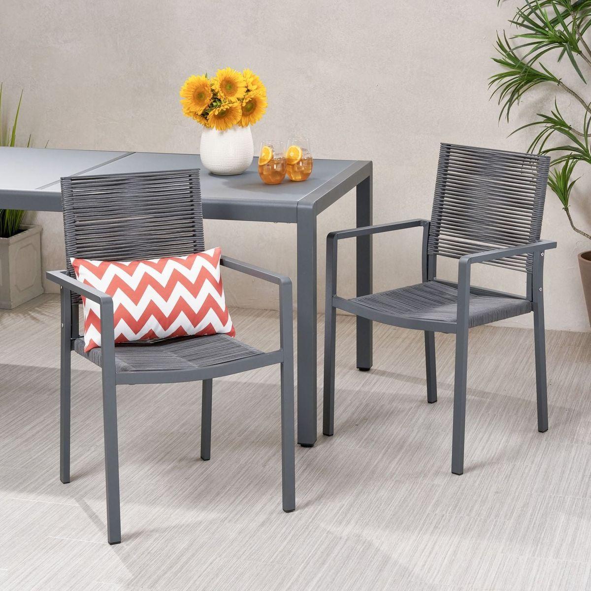 Outdoor Modern Aluminum Dining Chair with Rope Seat (Set of 2), Gray and Dark Gray - Streamdale Furniture