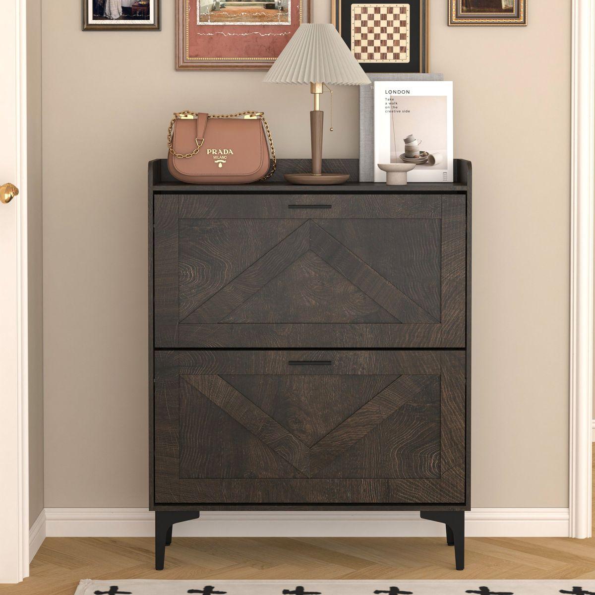 Shoe Cabinet with 2 Flip Drawers& Open Shelves,Modern Entryway Shoe Storage Cabinet, SlimNarrow Hidden Shoe Rack for Heels,Boots,Slippers,Wood Freestanding Shoe Organizer for Entrance,Color: brown