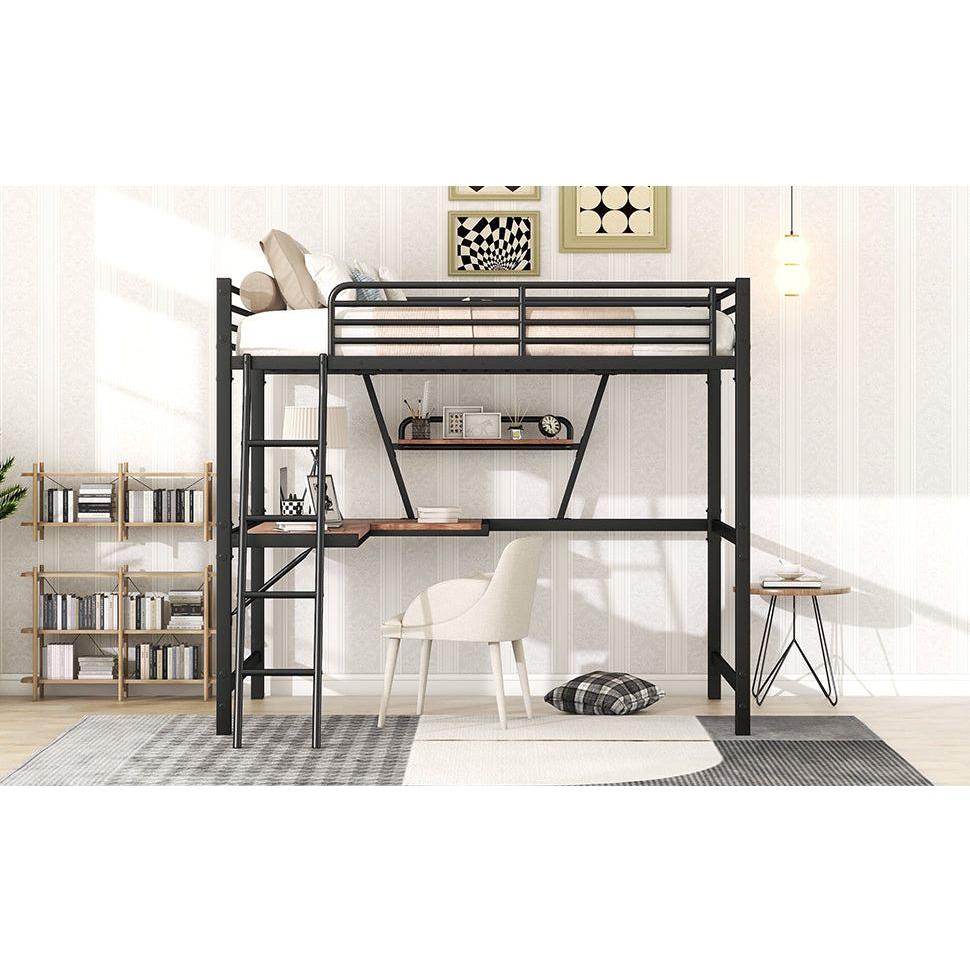 Full Size Loft Metal&MDF Bed with Desk and Shelf, Black