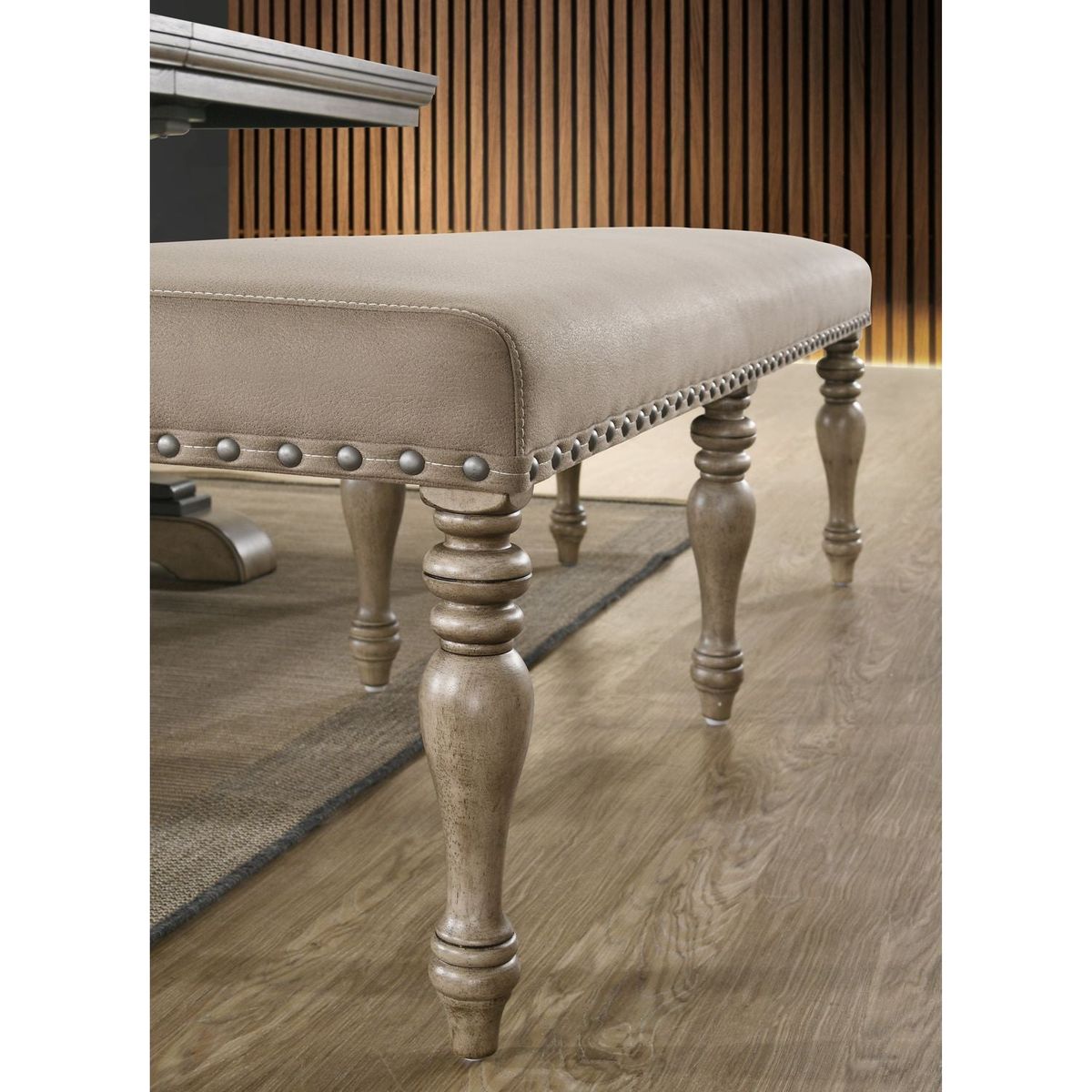 Birmingham Microfiber Upholstered Bench with Nail Head Trim in Driftwood Finish