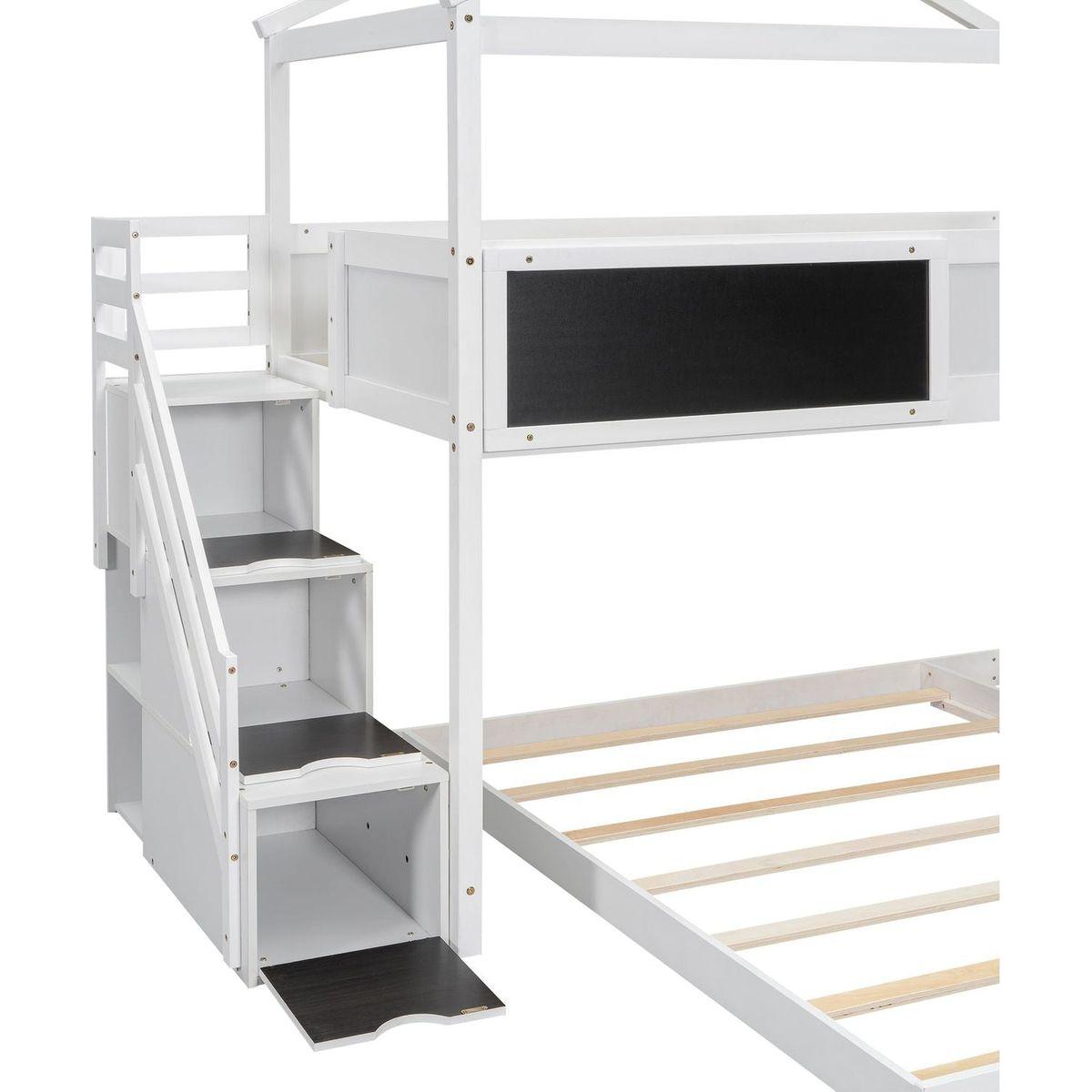 Twin over Full House Bunk Bed with Storage Staircase and Blackboard,White