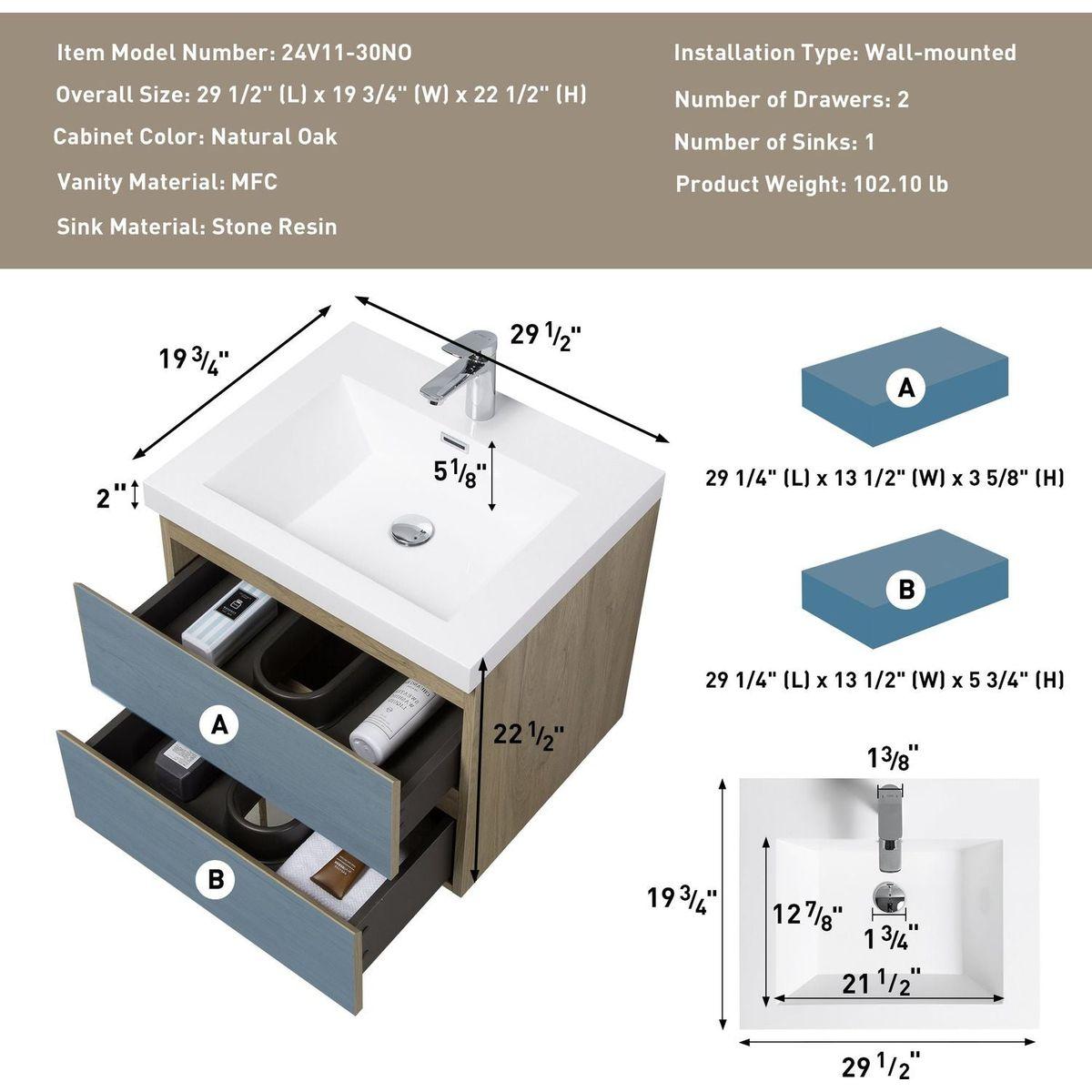 30" Floating Bathroom Vanity with Sink, Modern Wall-Mounted Bathroom Storage Vanity Cabinet with Resin Top Basin and Soft Close Drawers, Natural Oak