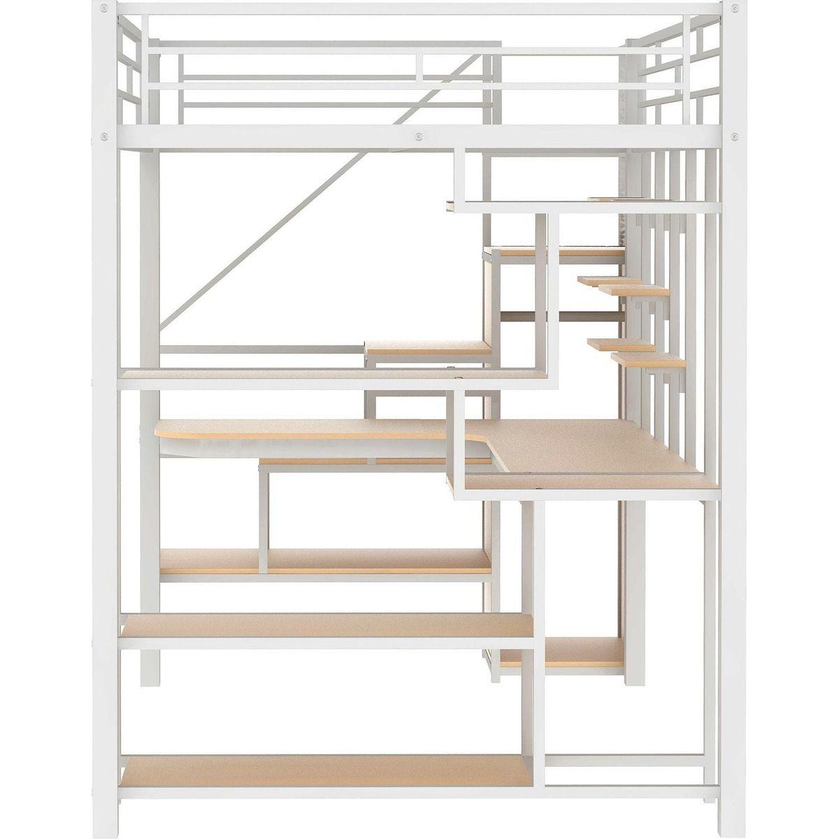 Full Size Metal Loft Bed with Storage Staircase and Small Wardrobe, Built-in Desk and Storage Shelves, White