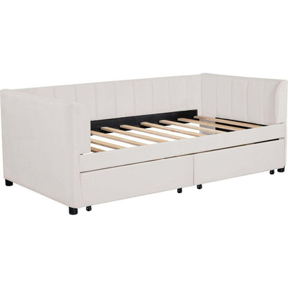 Twin Size Upholstered Daybed with Ergonomic Design Backrest and 2 Drawers, Beige