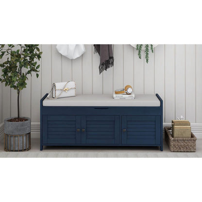 Storage Bench with 3 Shutter-shaped Doors, Shoe Bench with Removable Cushion and Hidden Storage Space (Antique Navy