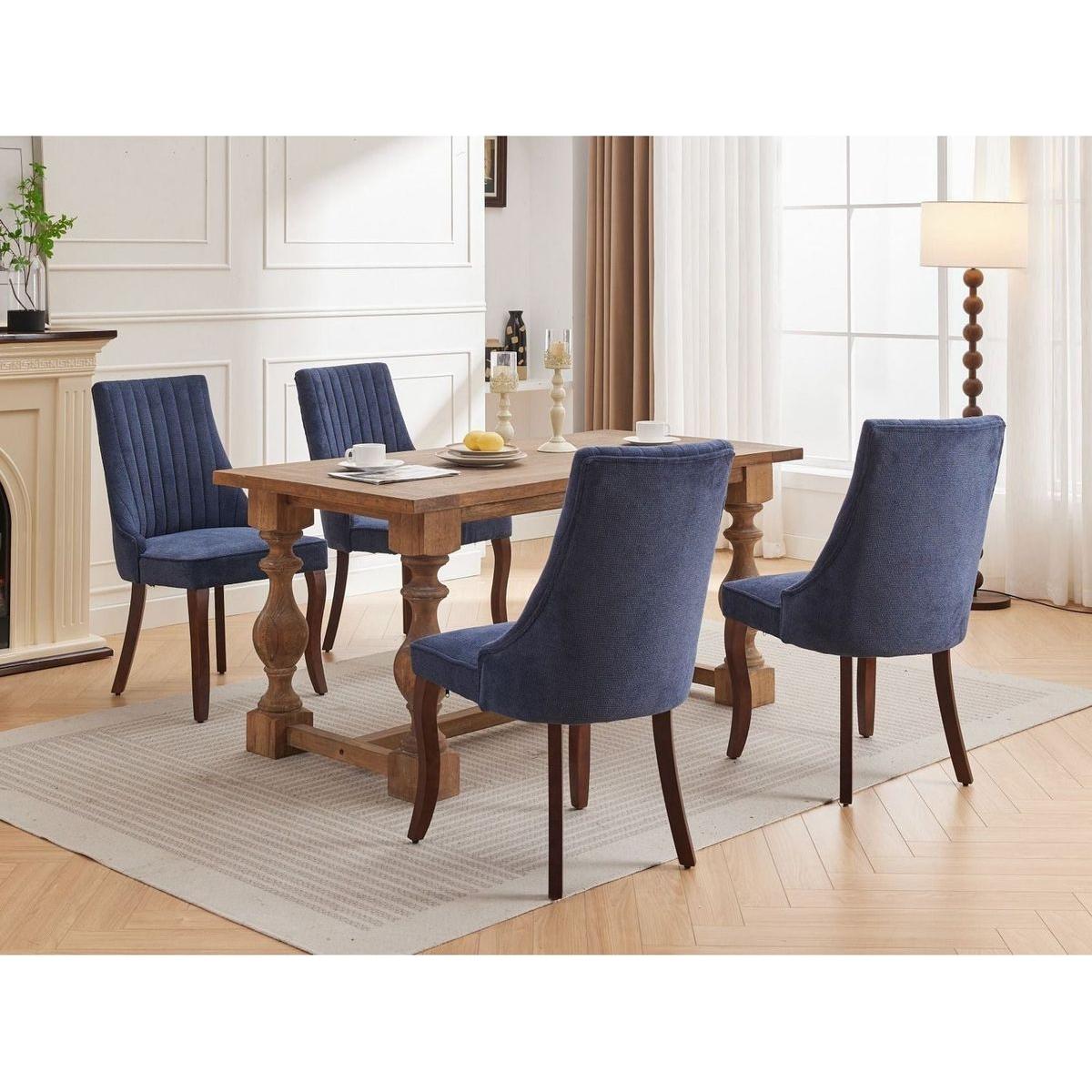 Rayon Cloth Flocking Linen Dining Chairs Channel Kitchen Dinner Chair Comfy Fabric Upholstered Accent Chair for Dining Room with Curved Solid Wood Legs,Set of 2 (Blue) - Streamdale Furniture