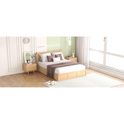 Queen Size Wood Platform Bed with Underneath Storage and 2 Drawers, Wood Color