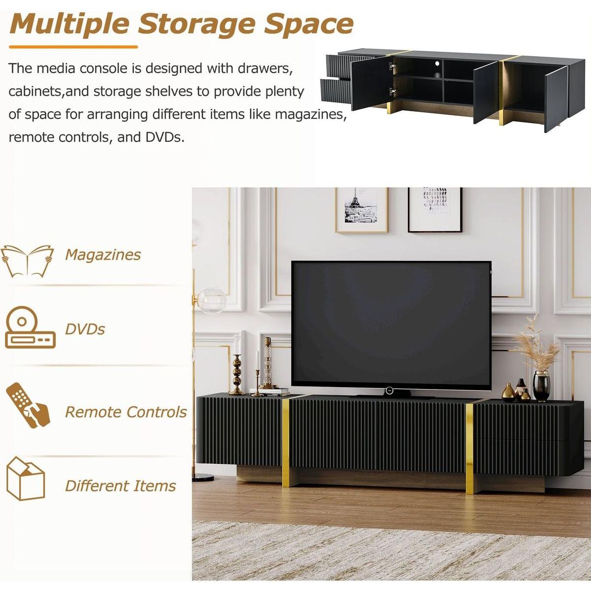 Luxury Fluted TV Stand for TVs Up to 80", Modern Entertainment Center with Storage Cabinets & Drawers, Smooth Media Console with Golden Wood Grain Legs for Living Room, Black