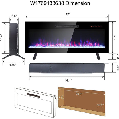 42 inch recessed ultra thin tempered glass front wall mounted electric fireplace with remote and multi color flame & emberbed, LED light heater