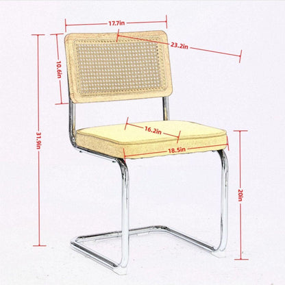 Mid Century Modern Dining Chairs Set of 2, Velvet Accent Chairs with Natural Cane Back & Stainless Chrome Base, Famous Breuer Designed Chairs, Upholstered Rattan Kitchen Chairs,Golden