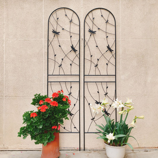 2 Pack Metal Garden Trellis 86.7' x 19.7' Rustproof Trellis for Climbing Plants Outdoor Flower Support Dragonfly Deco Black