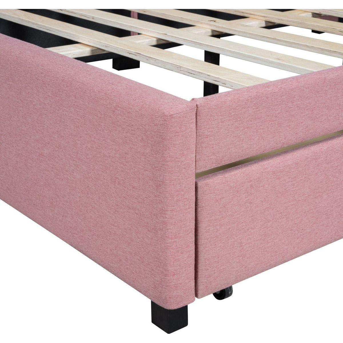Full Size Upholstered Daybed with 2 Storage Drawers Sofa Bed Frame No Box Spring Needed, Linen Fabric (Pink)