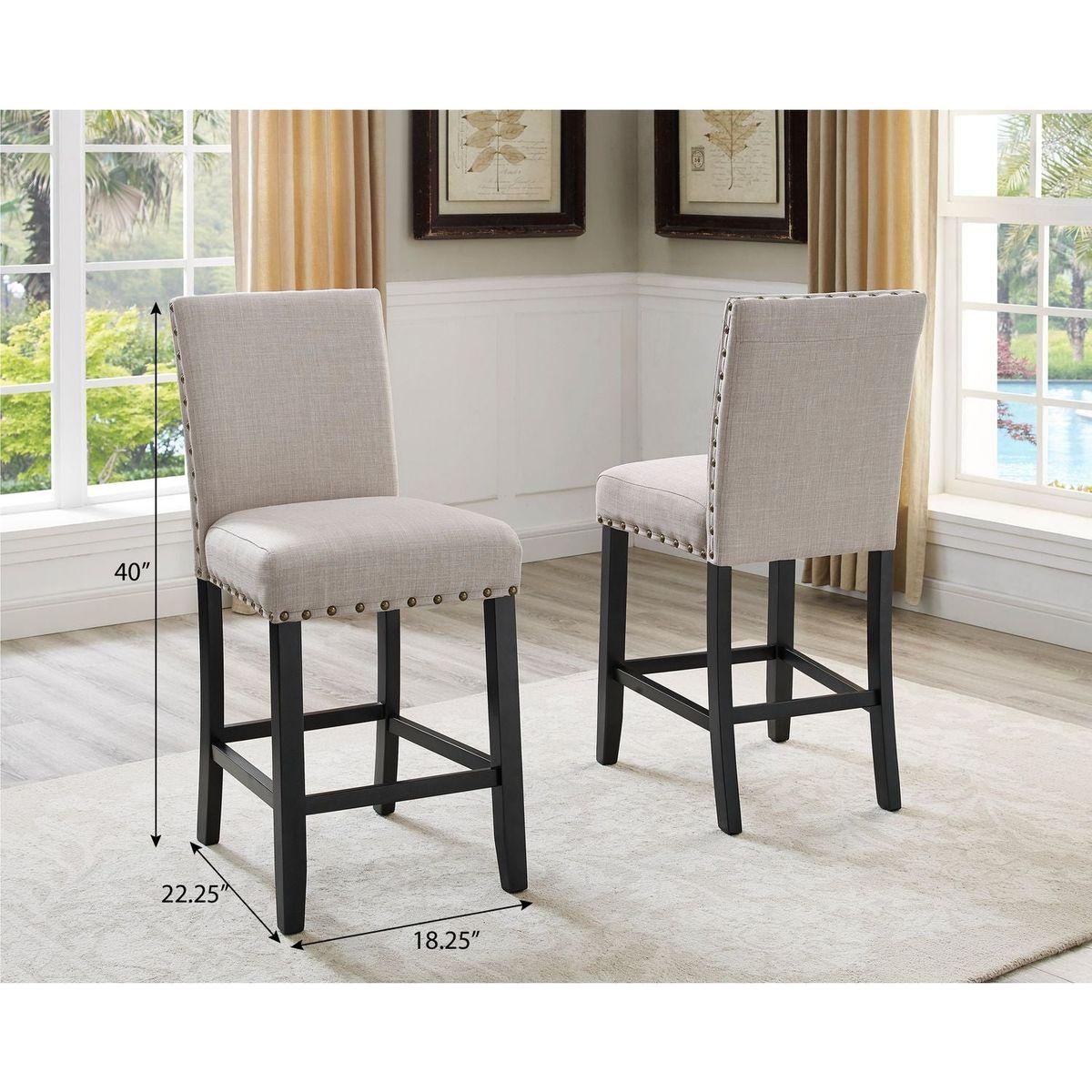 Biony Espresso Wood Counter Height Dining Set with Tan Fabric Nailhead Stools