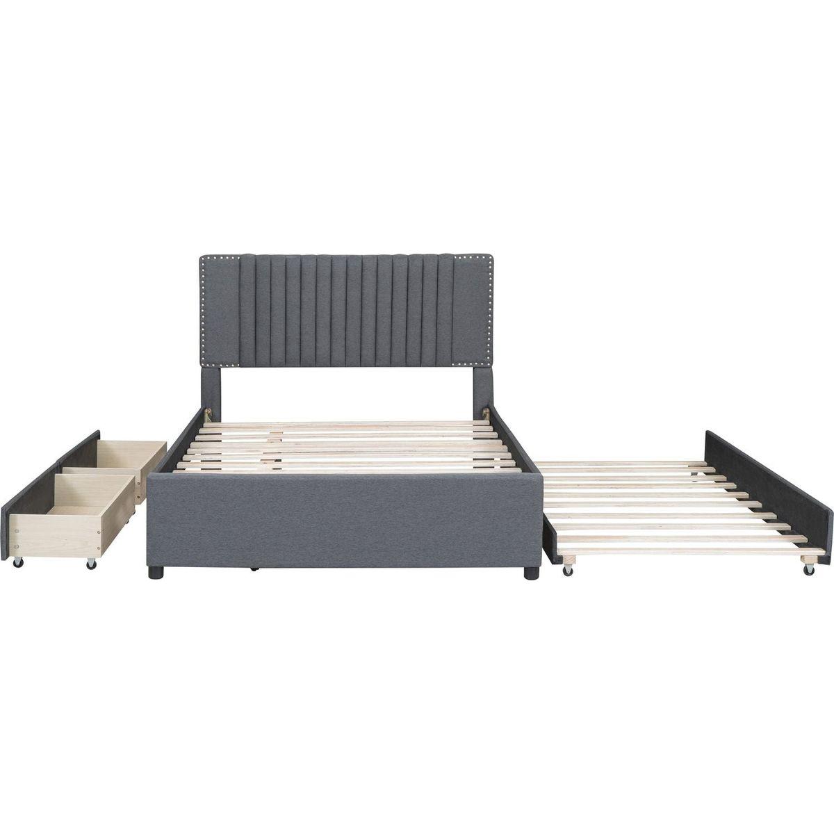 Full Size Upholstered Platform Bed with 2 Drawers and 1 Twin Size Trundle, Classic Headboard Design, Gray