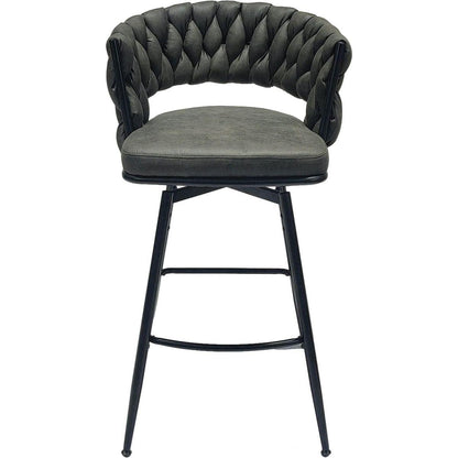 Technical Leather Woven Bar Stool Set of 2,Black legs Barstools No Adjustable Kitchen Island Chairs,360 Swivel Bar Stools Upholstered Counter Stool Arm Chairs with Back Footrest, (Tan)