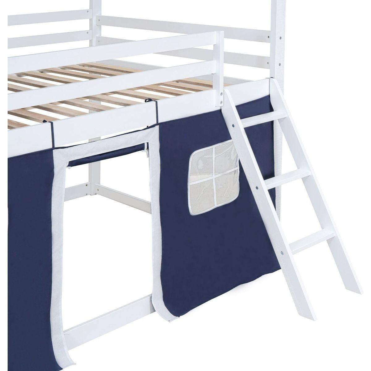 Full Size Bunk Wood House Bed with Elegant Windows, Sills and Tent, Blue+White