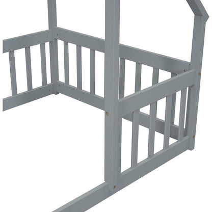 Twin Wood House-Shaped Floor Bed with Fence, Guardrails, Grey