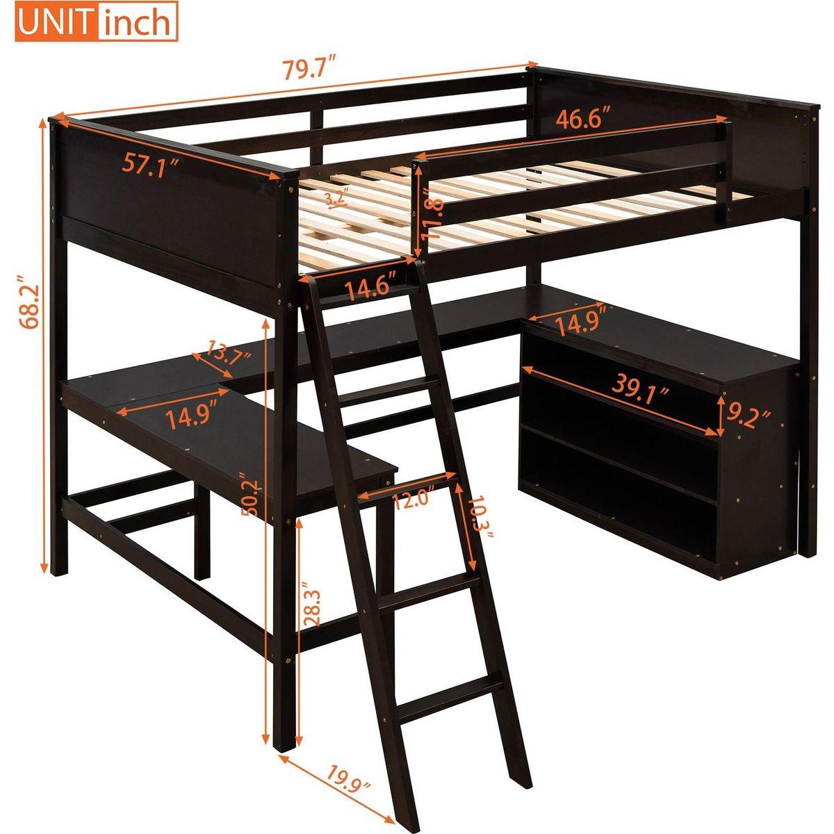 Full size Loft Bed with Shelves and Desk, Wooden Loft Bed with Desk - Espresso