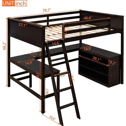 Full size Loft Bed with Shelves and Desk, Wooden Loft Bed with Desk - Espresso