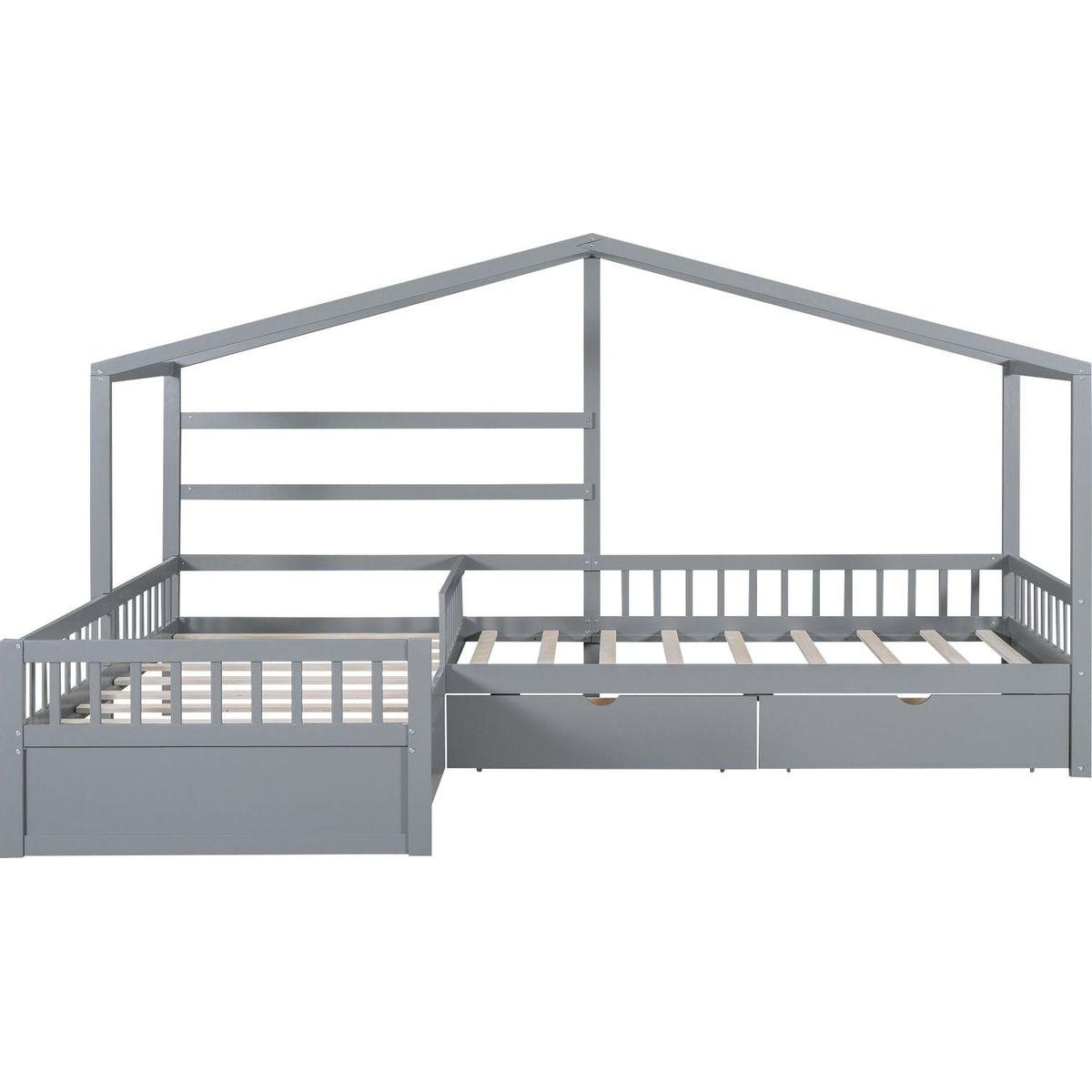 Twin Size House Platform Bed with Three Storage Drawers,Gray