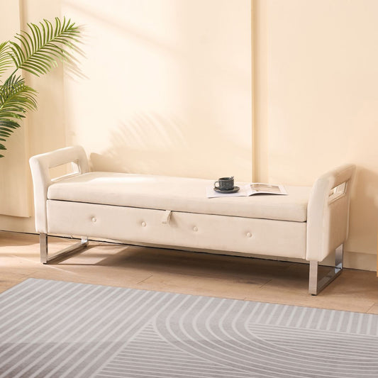 67.91'Wide Velvet Storage Soft Bench with Armrests  for Living Room, Entryway and Bedroom.  Beige