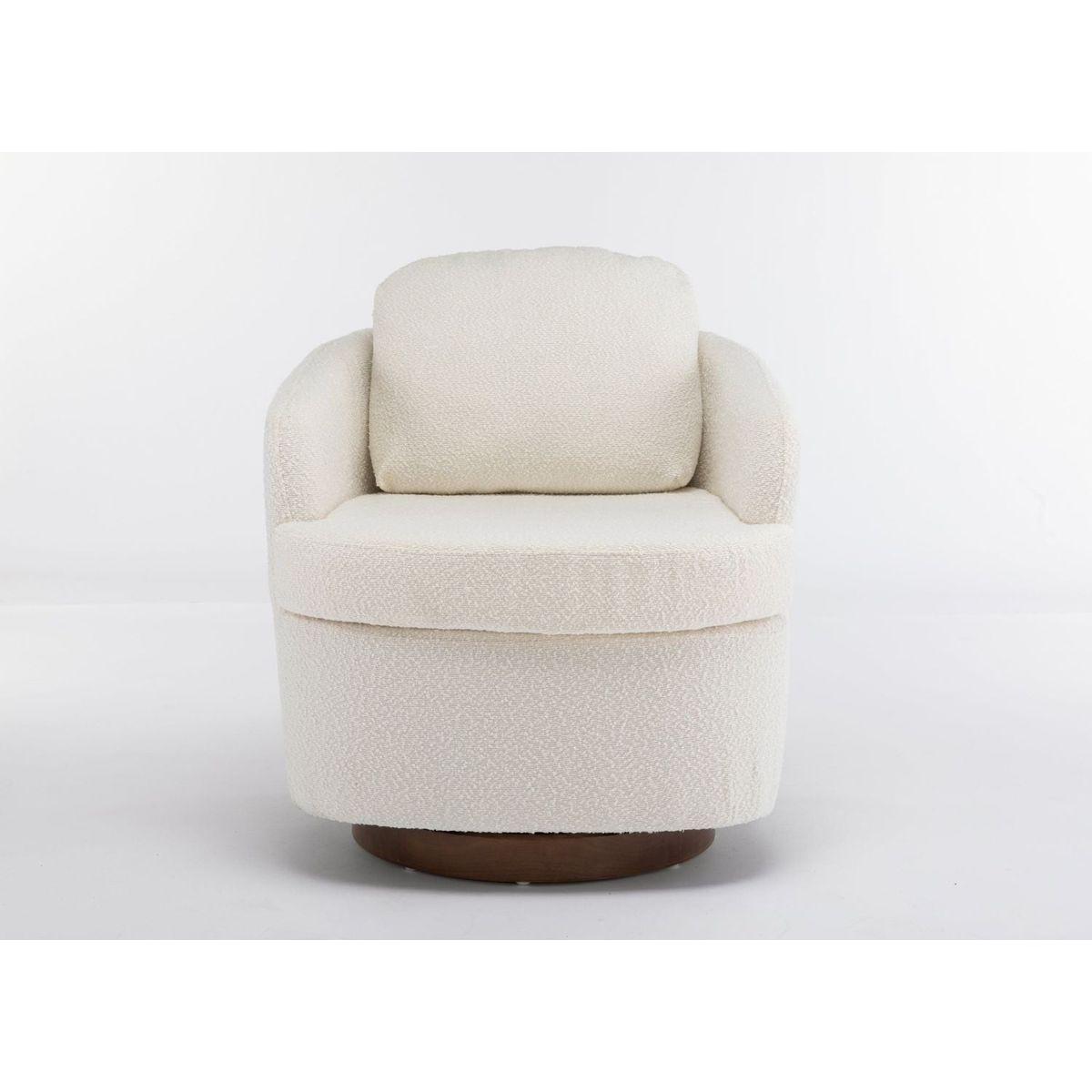 Boucle Fabric Swivel Accent Chair With Soild Wood Round Brown Base Leg,Ivory