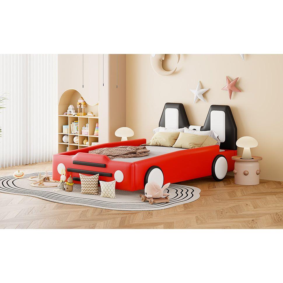 Twin Size Race Car-Shaped Platform Bed with Wheels,Red