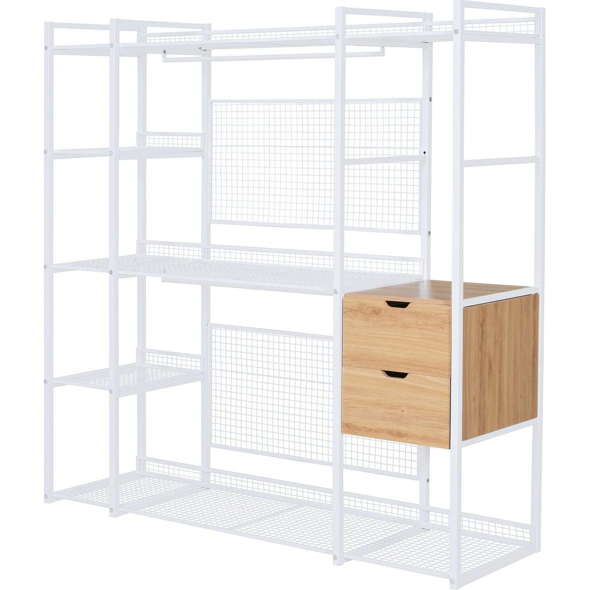 Open-Style Wardrobe with Hanging Rails, Shelves and Drawers, White