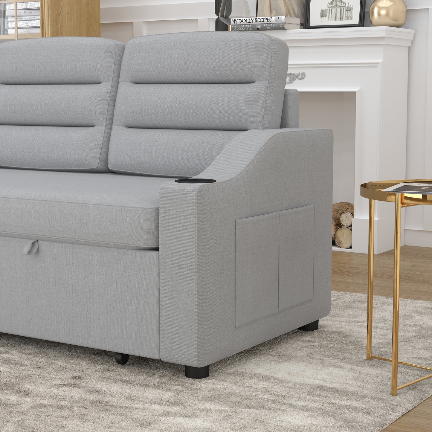 83.5" Convertible Sleeper Combo Sofa, Convertible Sofa Bed Polyester Pullout Bed with Storage Recliner and Cup Holder for Living Room, Tight Spaces