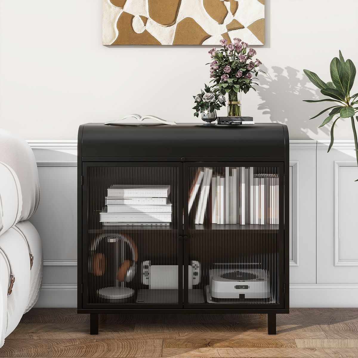 Modern Sideboard Buffet Cabinet with Tempered Figured Glass Doors, Flip Top, Inner Shelves, Metal Frame Storage Console for Dining Room, Kitchen, Living Room & Entryway (Black)