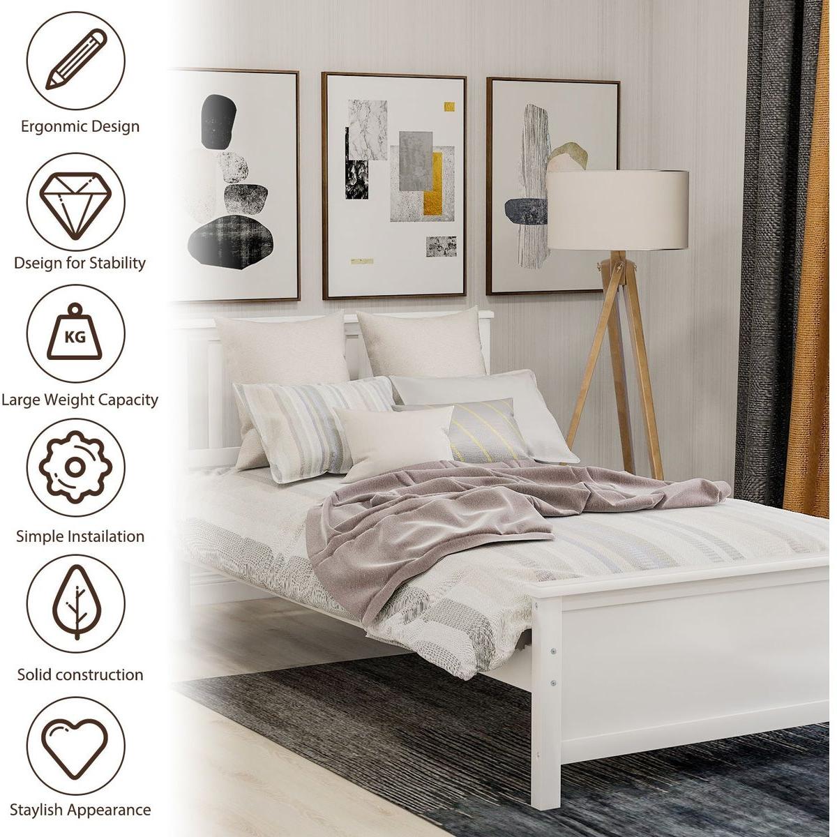 Twin Size Wood Platform Bed with Headboard,Footboard and Wood Slat Support, White