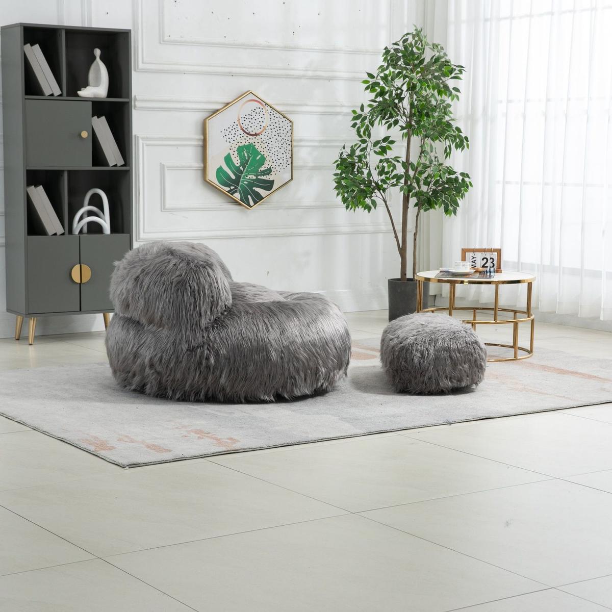 Bean Bag Chair Faux fur Lazy Sofa /Footstool Durable Comfort Lounger High Back Bean Bag Chair Couch for Adults and Kids, Indoor