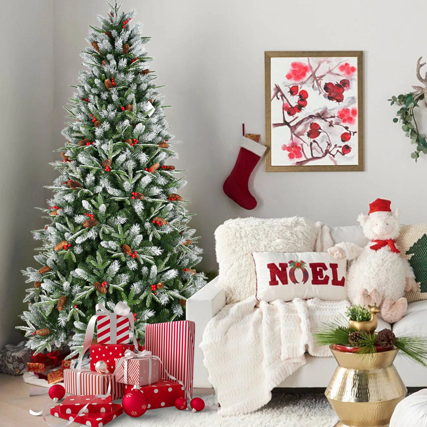 7FT Christmas Tree with 2178 Tips, Red Berries & Pine Cones – Snow-Dusted PE+PVC Branches, Hinged Design for Easy Setup, Sturdy Metal Stand – Full, Natural Holiday Tree Decoration