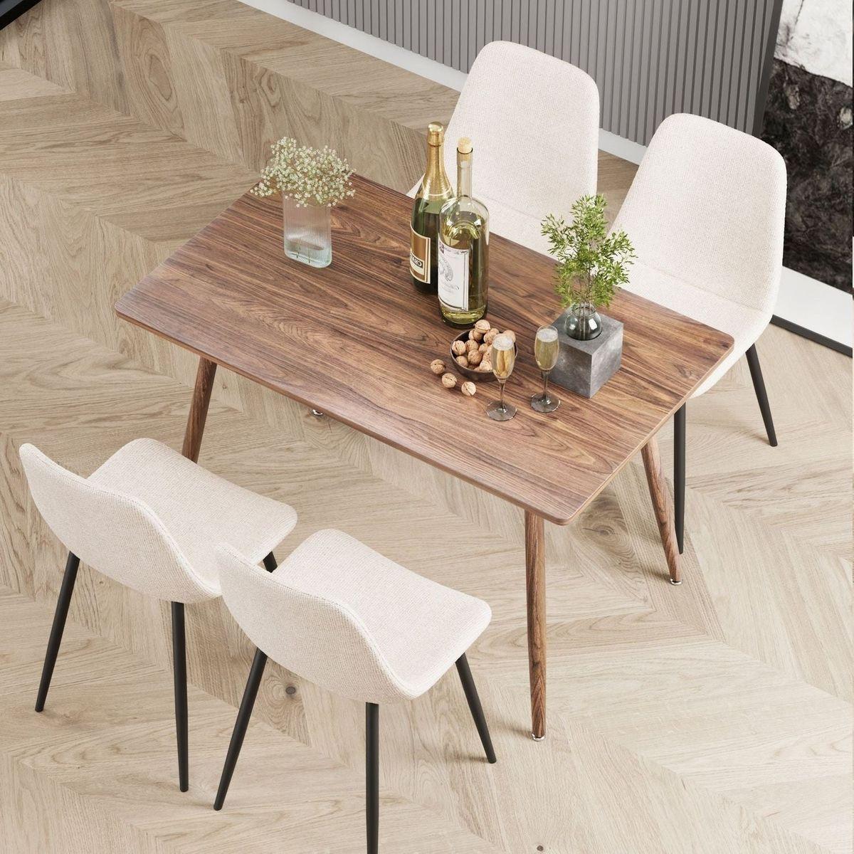 Modern minimalist MDF desktop, Walnut color metal legs and Beige dining chairs for 4, small sized dining table, computer desk, office desk, kitchen table, for 4 Seat.Suitable for kitchen, dining room