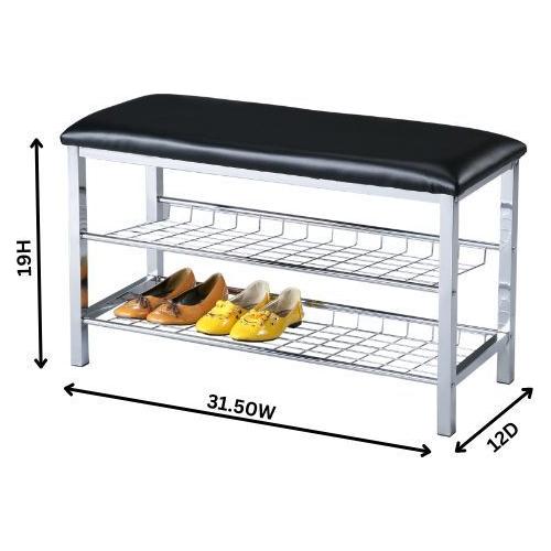 Metal Shoe Bench with Black Faux Leather Seat, Silver