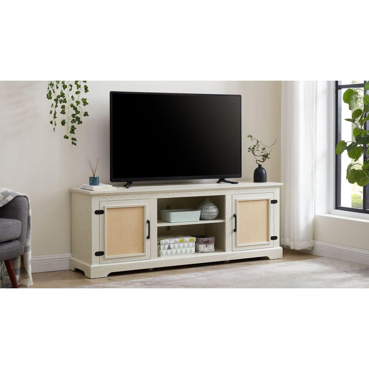 Farmhouse Rattan TV Stand Console Table for TVs up to 70 Inches, TV Console Table with 2 Storage Shelves, 2 Natural Rattan Door Cabinets,65"Wx15.55"Dx23.86"H, White