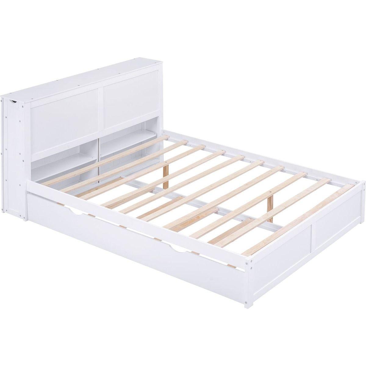 Queen Size Storage Platform Bed with Pull Out Shelves and Twin XL Size Trundle, White