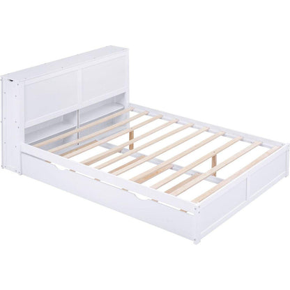 Queen Size Storage Platform Bed with Pull Out Shelves and Twin XL Size Trundle, White