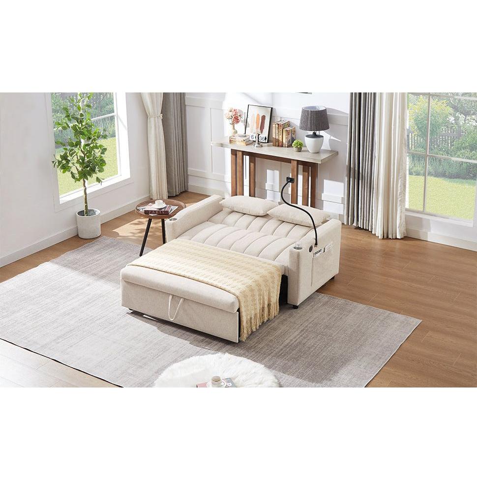 55.9" Convertible Sofa Bed Loveseat Sofa with Three USB Ports, Two Side Pockets, Two Cup Holders and 360Swivel Phone Holder for Living Room, Beige
