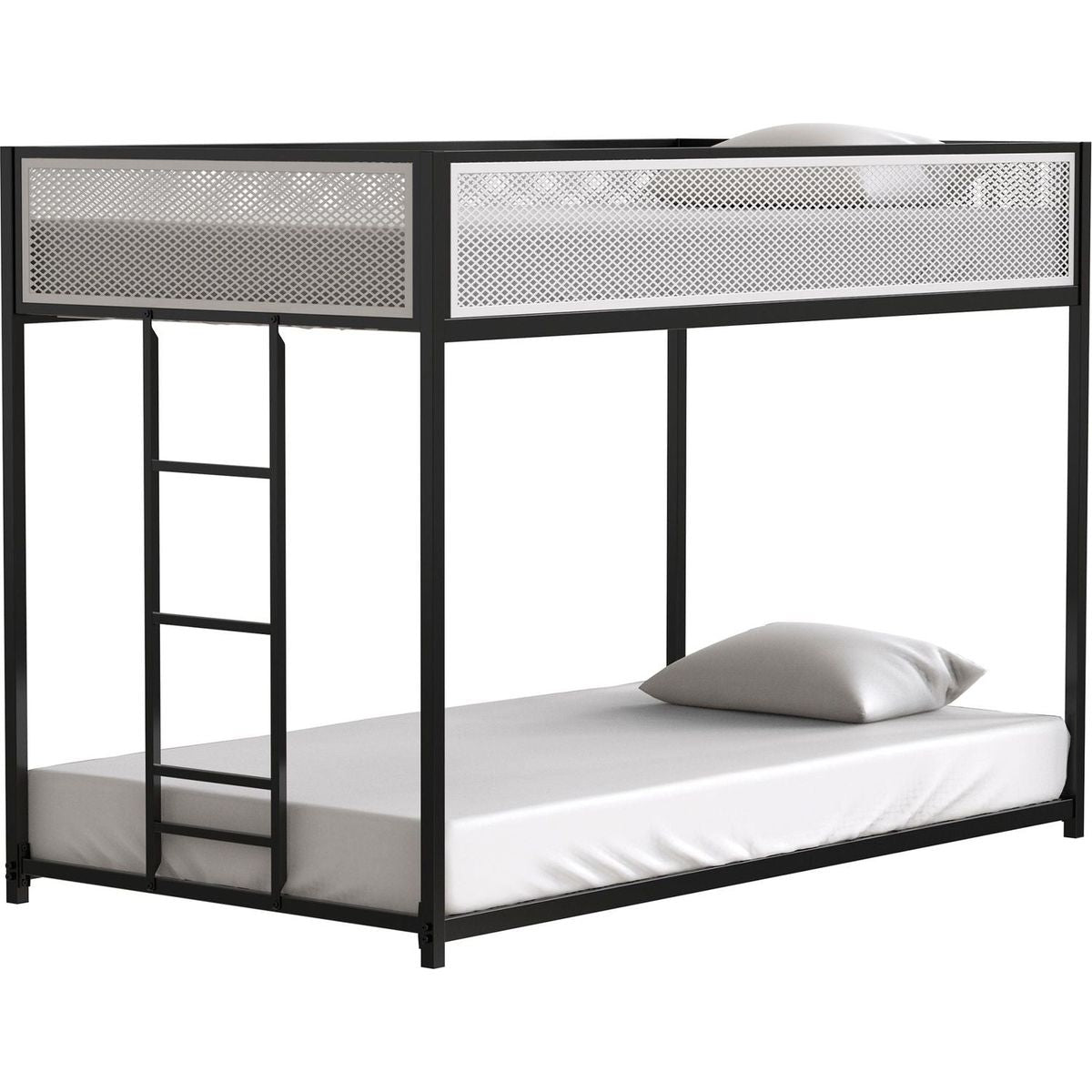 Adam Twin Twin Bunk Black with White Mesh Guard Rail for Kids and Adult, Low Profile and Easy Climbing with Stable Ladder
