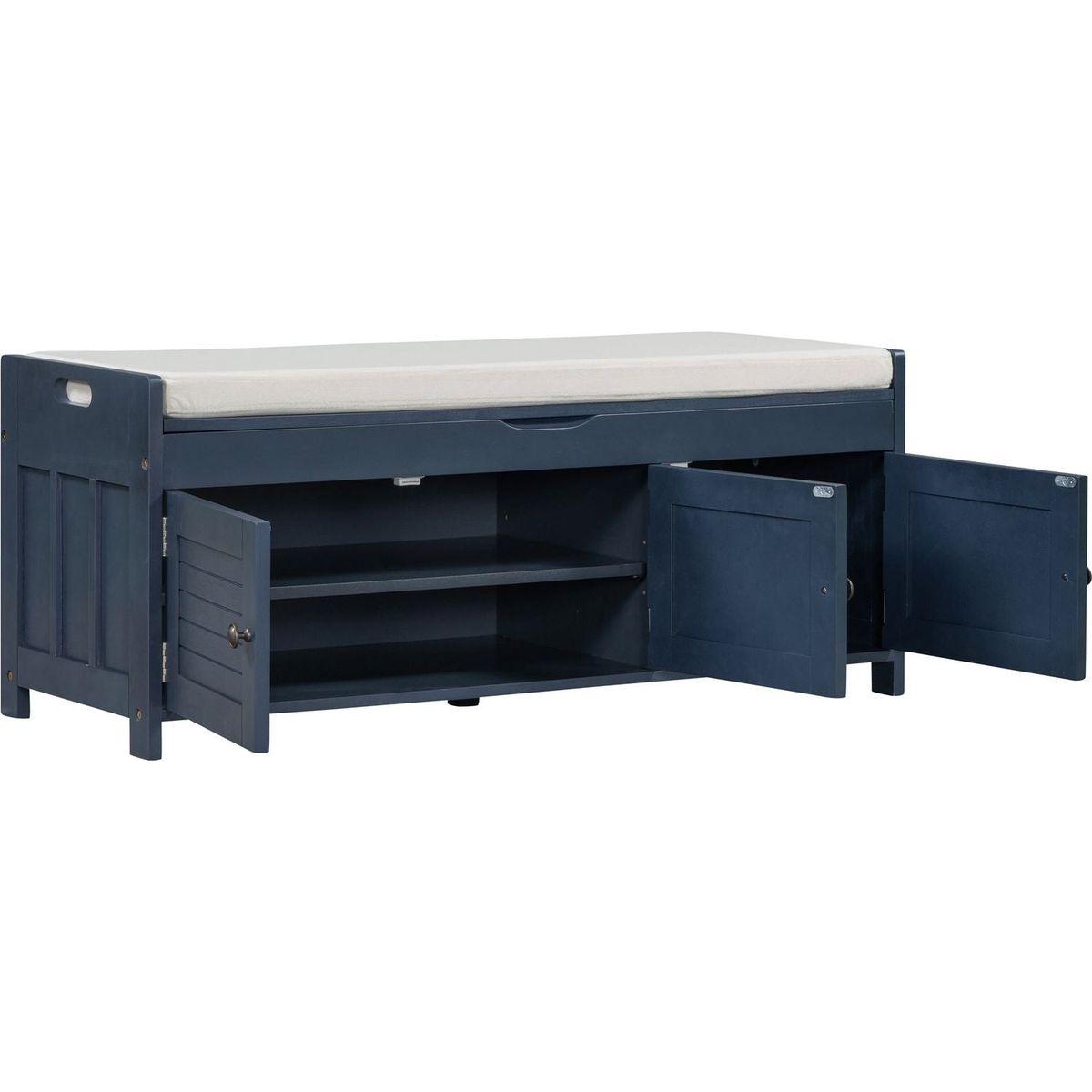 Storage Bench with 3 Shutter-shaped Doors, Shoe Bench with Removable Cushion and Hidden Storage Space (Antique Navy