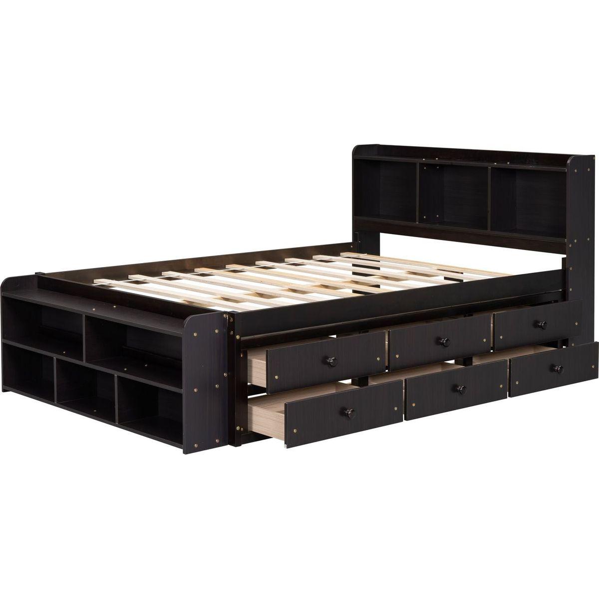 Full Bed with Bookcase Headboard, Under bed Storage Drawers and Bed End Storage Case,Espresso
