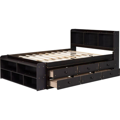 Full Bed with Bookcase Headboard, Under bed Storage Drawers and Bed End Storage Case,Espresso