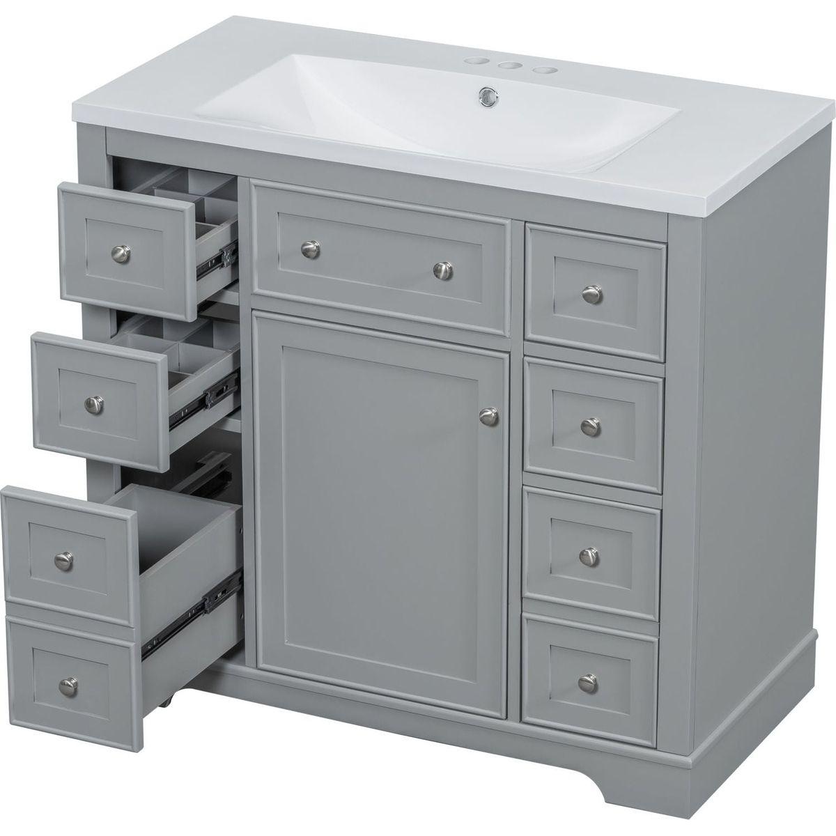 36" Bathroom Vanity with Sink Combo, One Cabinet and Six Drawers, Solid Wood and MDF Board, Grey