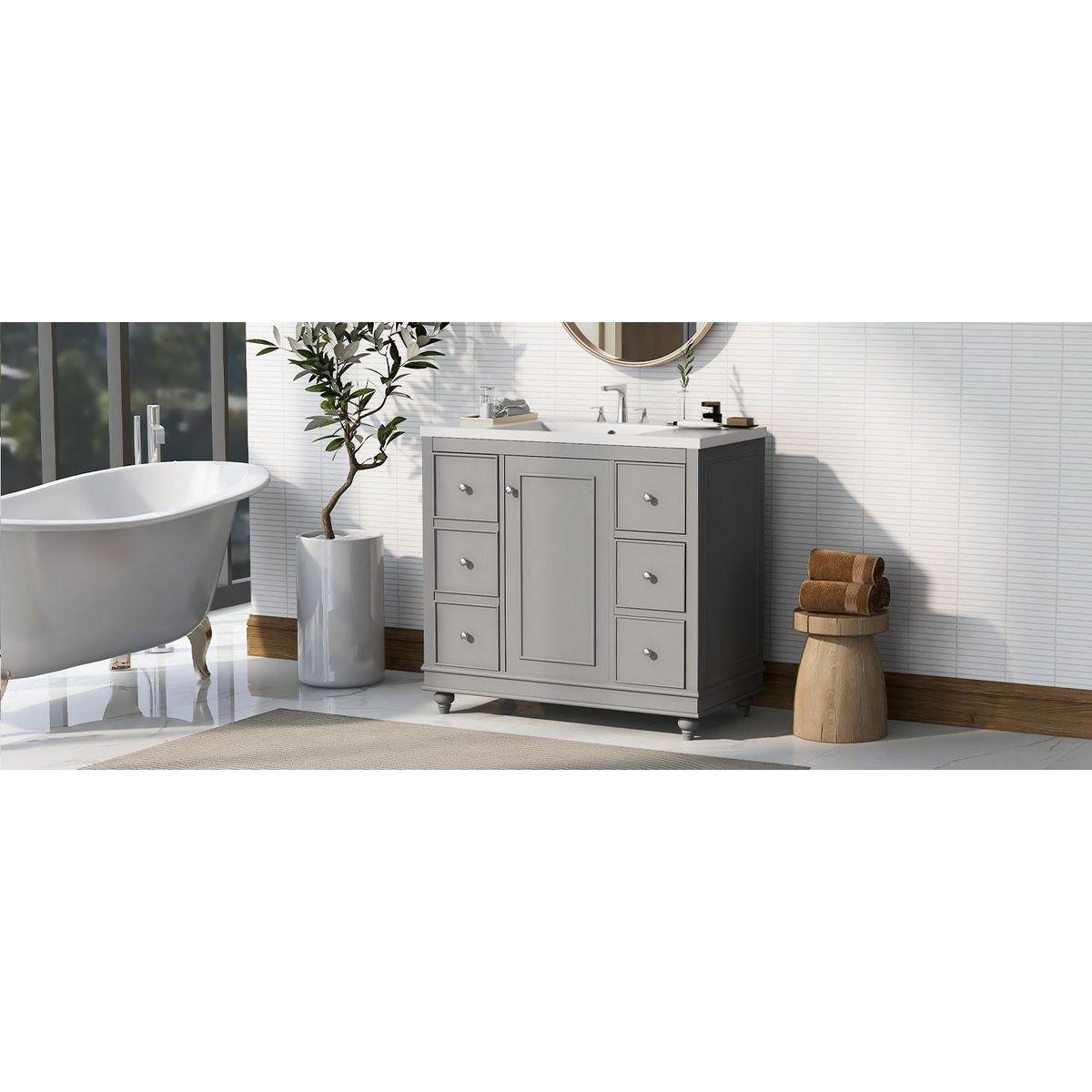 Contemporary Gray Bathroom Vanity Cabinet - 36x18x34 inches, 4 Drawers & 1 Cabinet Door, Multipurpose Storage, Resin Integrated Sink, Adjustable Shelves, Solid Wood Frame with MDF