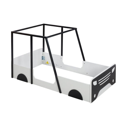 Twin Size Car-shaped Bed with Roof,Wooden Twin Floor Bed with wheels and door Design,Montessori Inspired Bedroom,Black