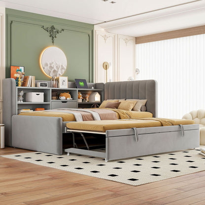 Twin Size Upholstered Daybed with Trundle, Storage Shelves, USB & Outlet (Gray)